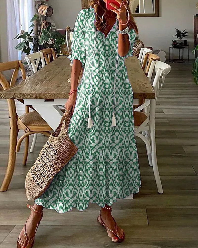 Andrea | Boho Vintage V-Neck Printed Dress