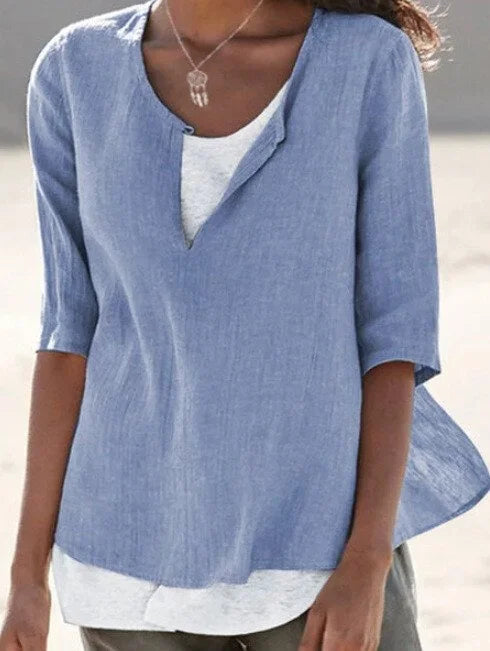 Cleo | Women's 3/4 Sleeve V-Neck Layered Linen Casual Blouse