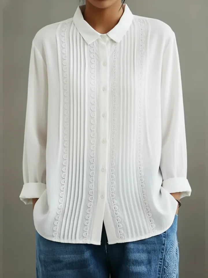 Clara | Women's Long Sleeve Pintuck Button Up Blouse Lace Detail