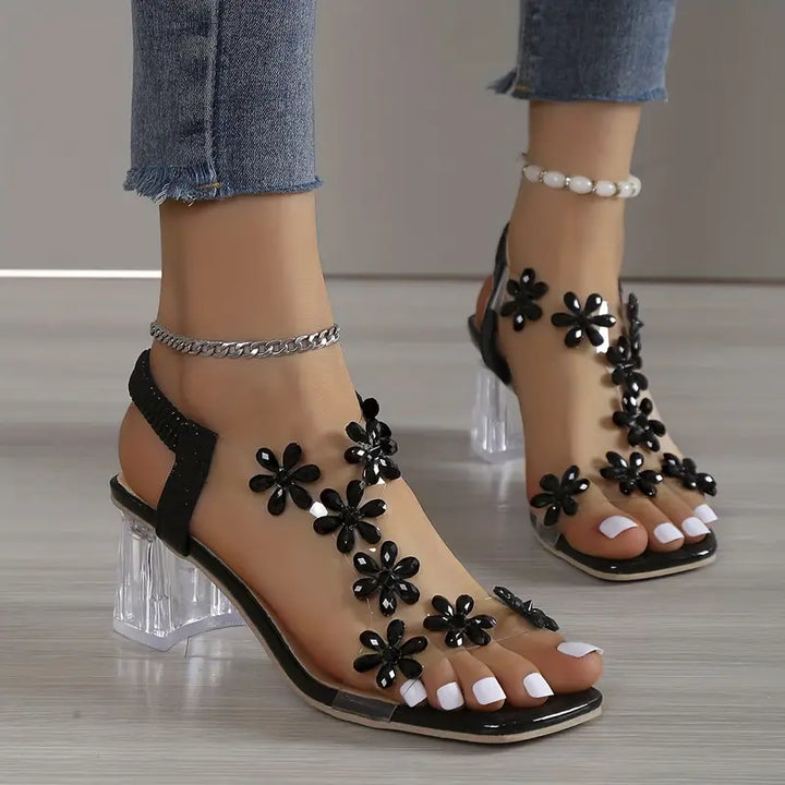 Frieda™ | Women's Flower Rhinestone Block Heel Sandals
