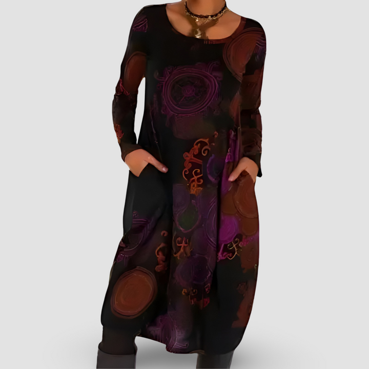 Vera | Women's Long Sleeve Midi Dress Printed Swing Dress with Pockets