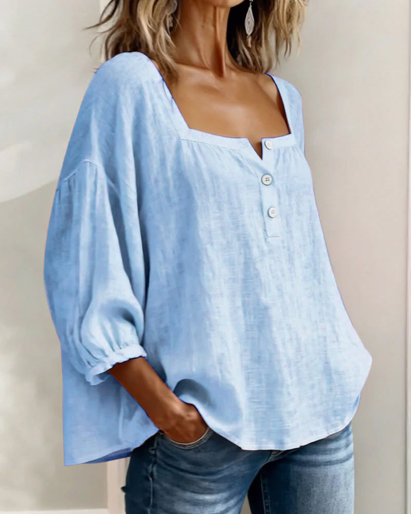 Daisy | Women's Square Neck Puff Sleeve Linen Blouse 3/4 Sleeve