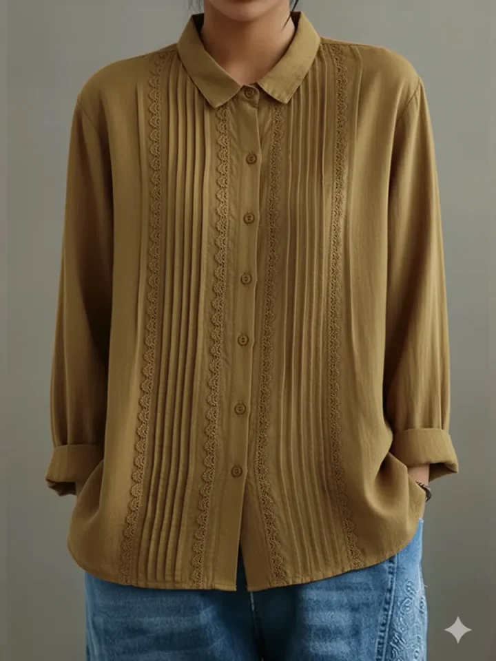 Clara | Women's Long Sleeve Pintuck Button Up Blouse Lace Detail