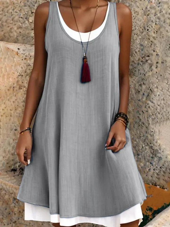 Sage | Women's Sleeveless Midi Dress Scoop Neck Faux Two-Piece Summer