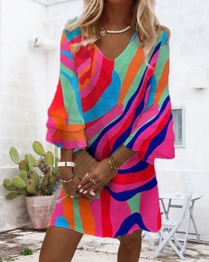 Zara | Women's V-Neck Bell Sleeve Multicolour Print Mini Dress