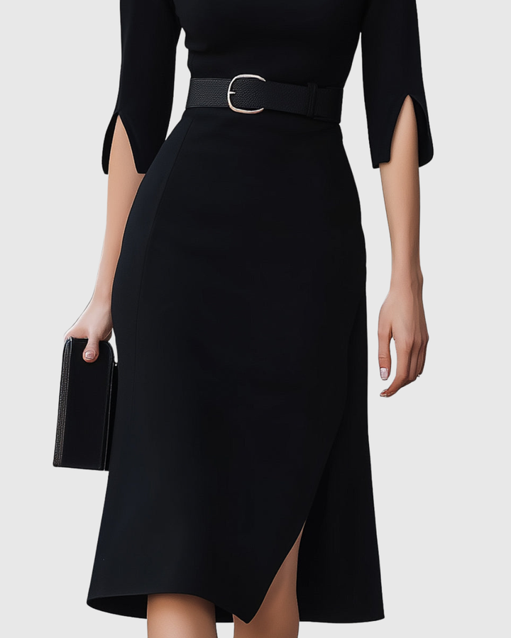 Harper | Women's Belted High Neck Midi Dress Split Sleeve