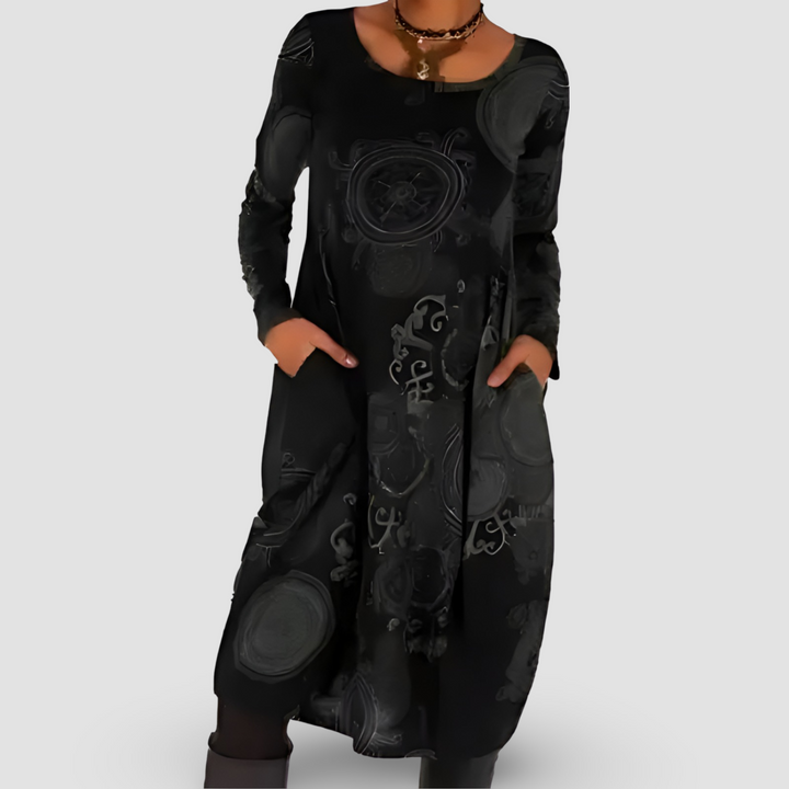 Vera | Women's Long Sleeve Midi Dress Printed Swing Dress with Pockets