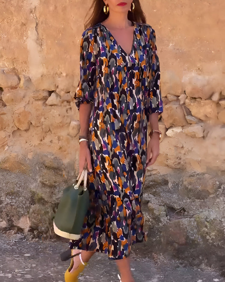 Nathalie™ | Retro Print V-Neck Dress