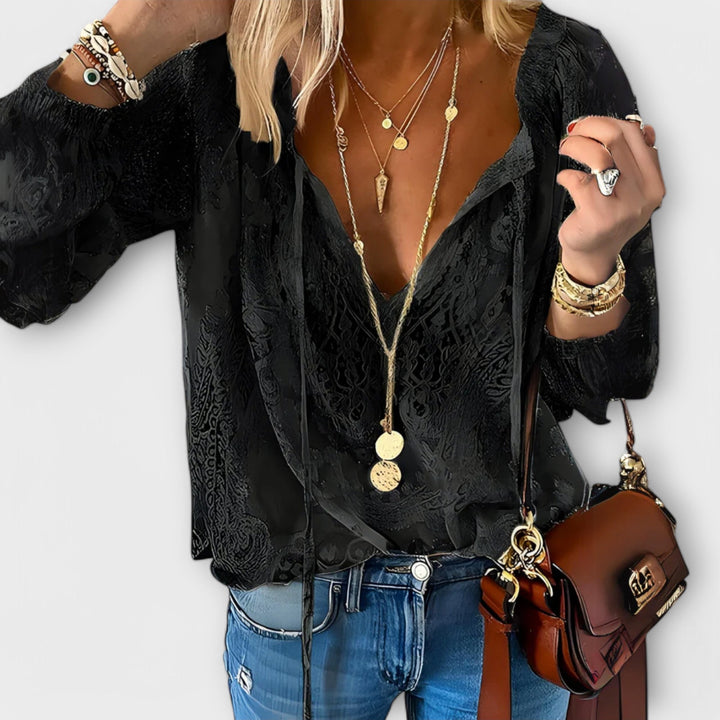 Sienna | Women's Lace Overlay Blouse V-Neck Tie Front
