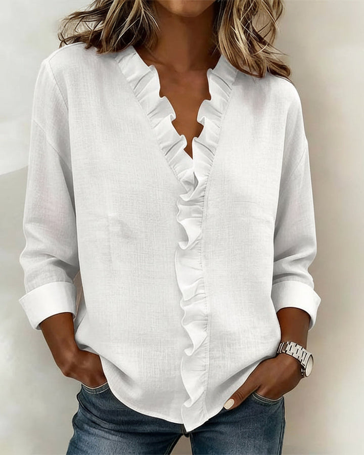 Elise | Women's Ruffle V-Neck Long Sleeve Button Up Blouse