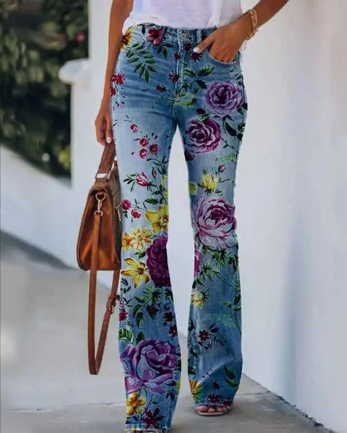 Dani | Women's Floral Print High Waist Straight Leg Jeans