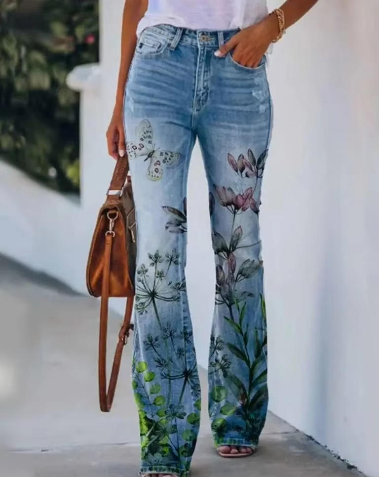 Dani | Women's Floral Print High Waist Straight Leg Jeans