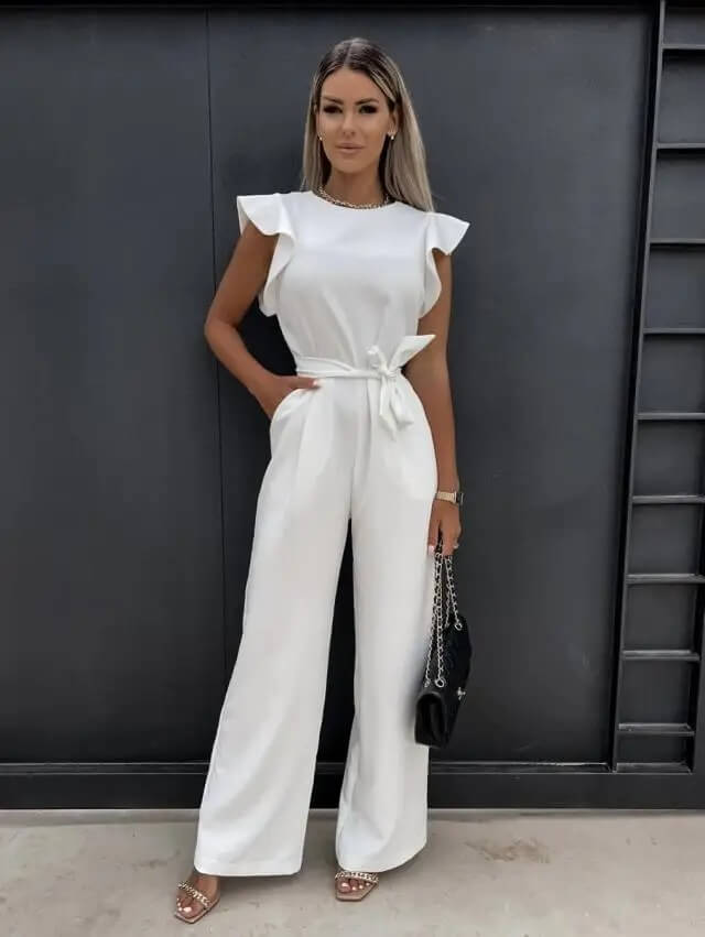 Florentine | Women's Ruffle Sleeve Wide-Leg Jumpsuit Belted Formal Playsuit