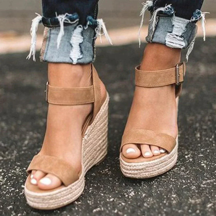 Joyce | Women's Wedge Sandals - Open Toe - Ankle Strap with Buckle - Espadrille Heel