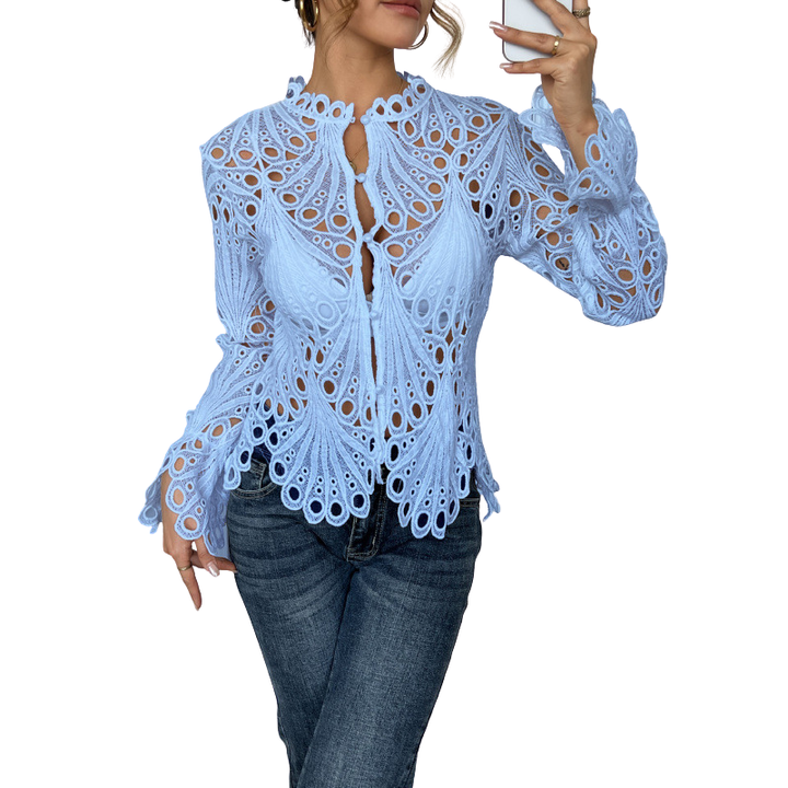 Flora | Women's Crochet Hollow Lace Long Sleeve Blouse Scallop Hem