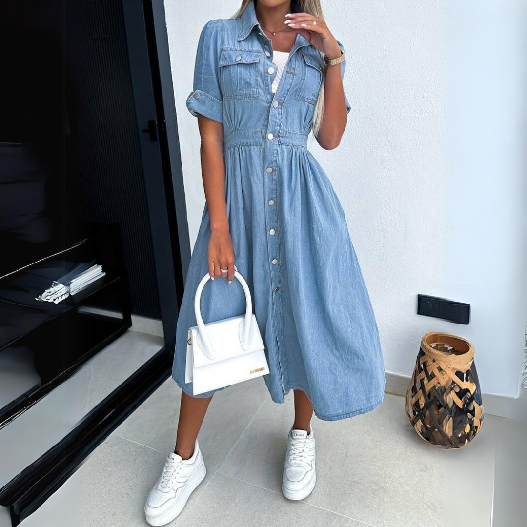 Demi | Women's Denim Shirt Dress Button Front Midi Skirt
