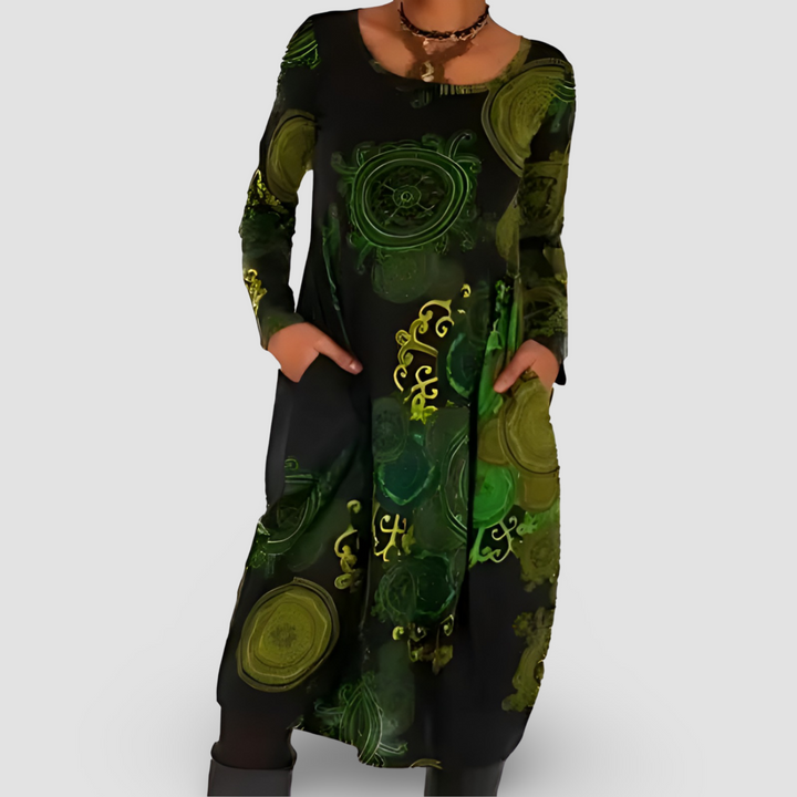 Vera | Women's Long Sleeve Midi Dress Printed Swing Dress with Pockets