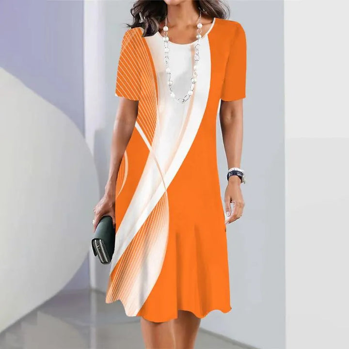 Dalia | Women's Colour Block Print Midi Dress Short Sleeve Round Neck Dress