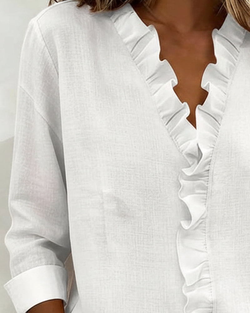 Elise | Women's Ruffle V-Neck Long Sleeve Button Up Blouse