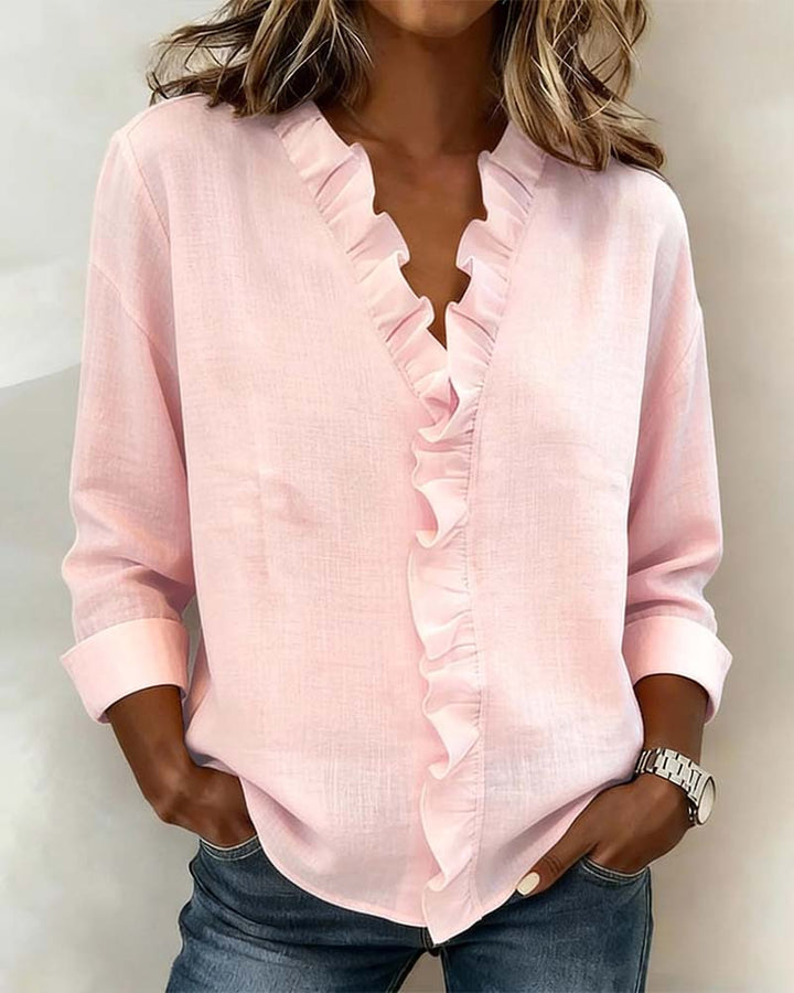Elise | Women's Ruffle V-Neck Long Sleeve Button Up Blouse
