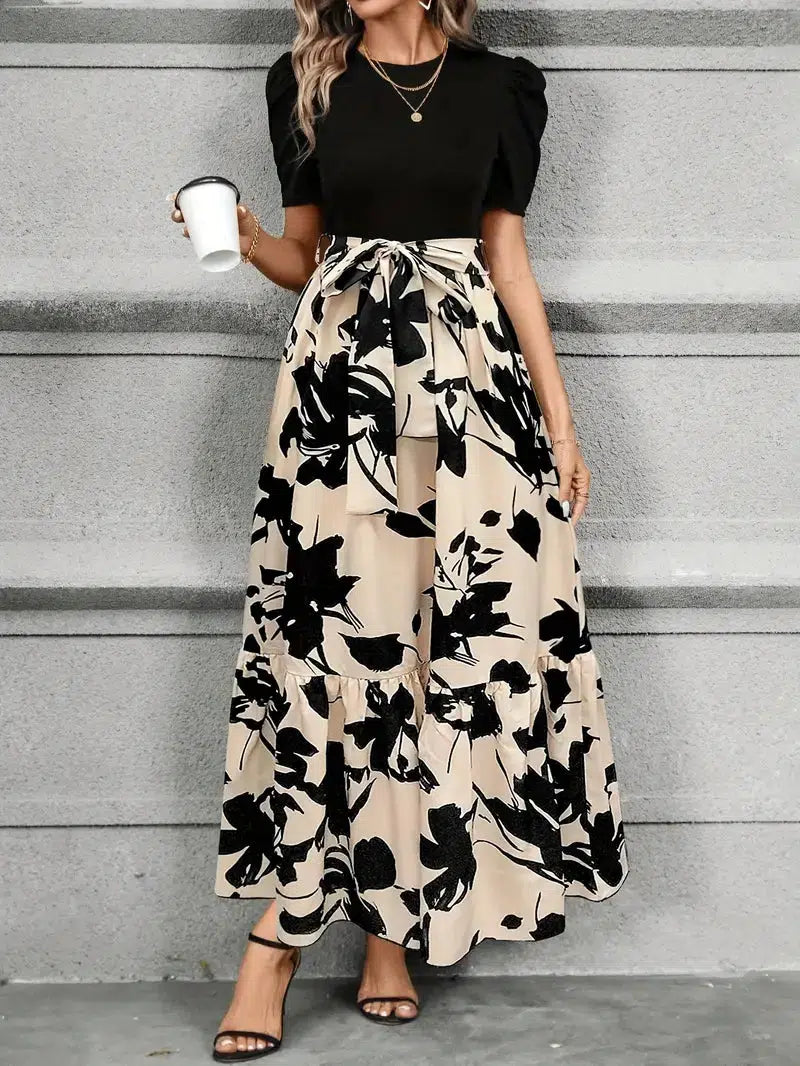 Isla | Women's High Waist Floral Print Short Sleeve Maxi Dress