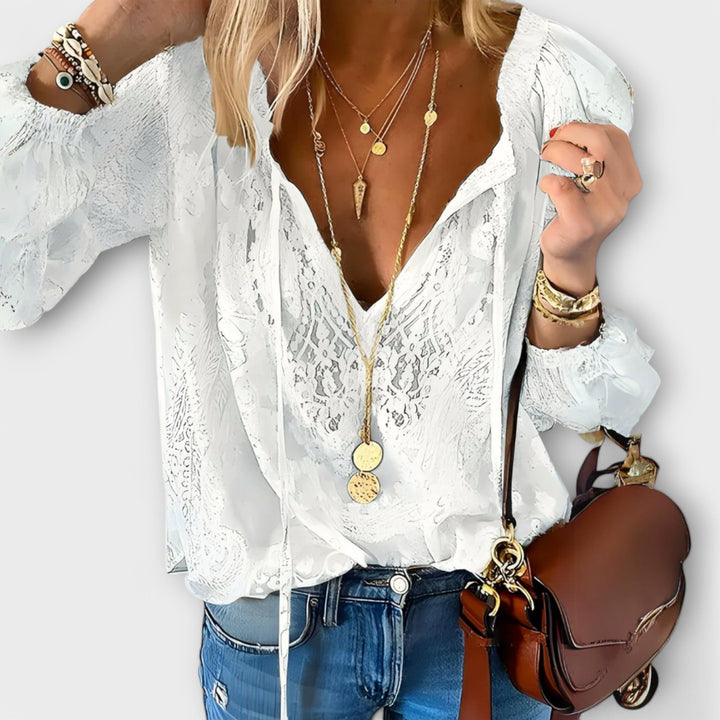 Sienna | Women's Lace Overlay Blouse V-Neck Tie Front