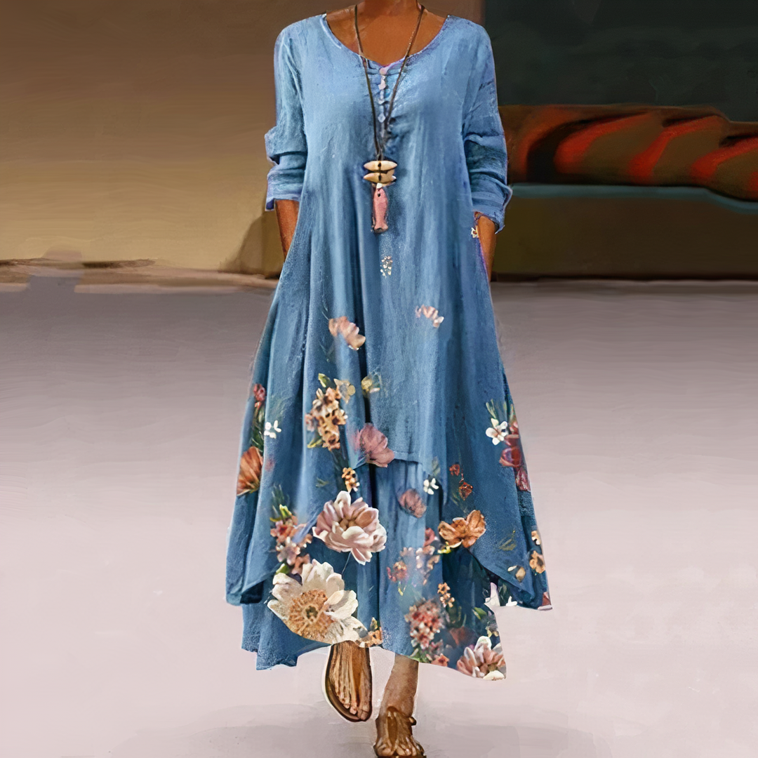 Celeste | Women's Floral Maxi Dress with Long Sleeves & Asymmetric Hem