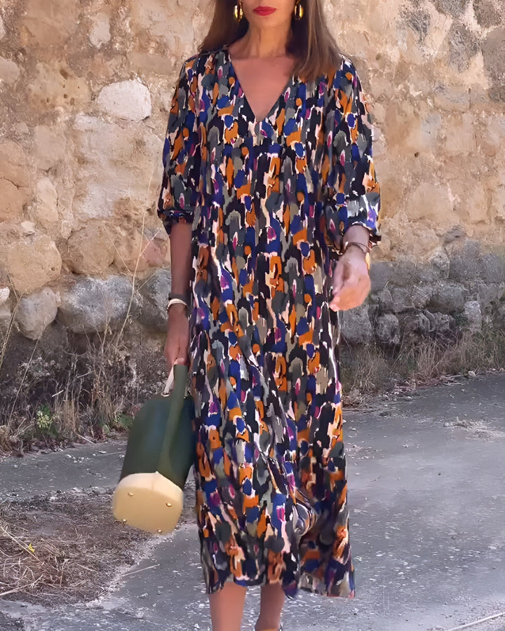 Nathalie™ | Retro Print V-Neck Dress