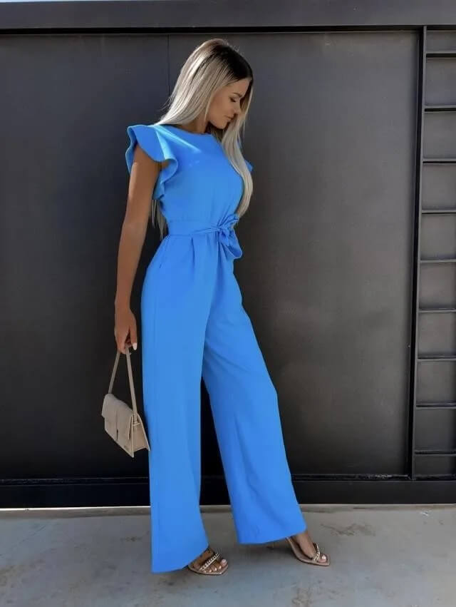 Florentine | Women's Ruffle Sleeve Wide-Leg Jumpsuit Belted Formal Playsuit