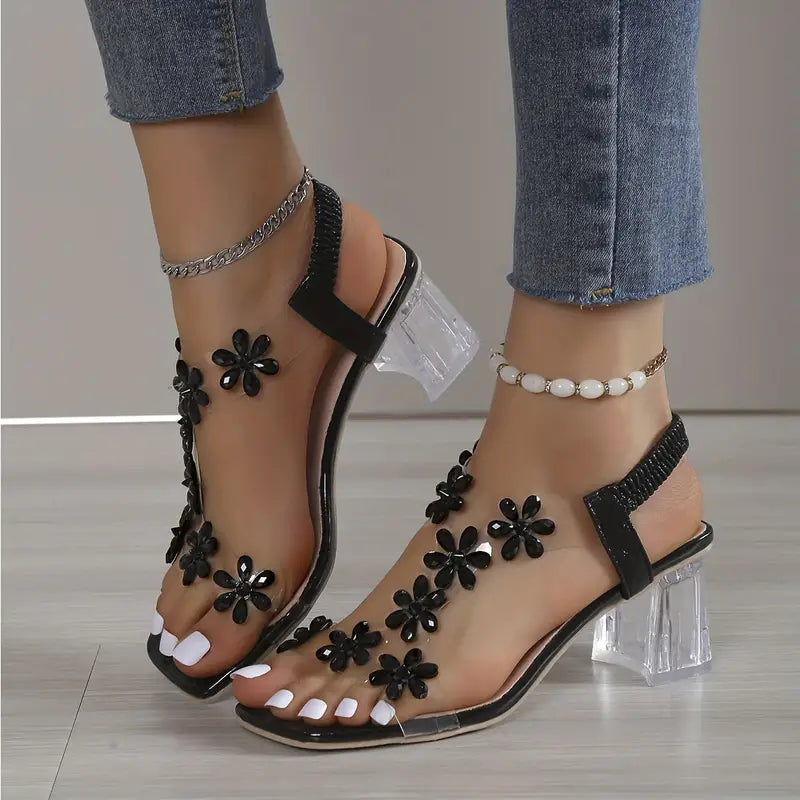 Frieda™ | Women's Flower Rhinestone Block Heel Sandals