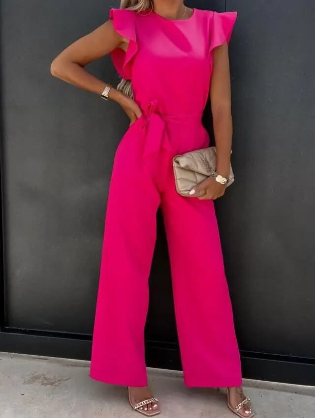 Florentine | Women's Ruffle Sleeve Wide-Leg Jumpsuit Belted Formal Playsuit