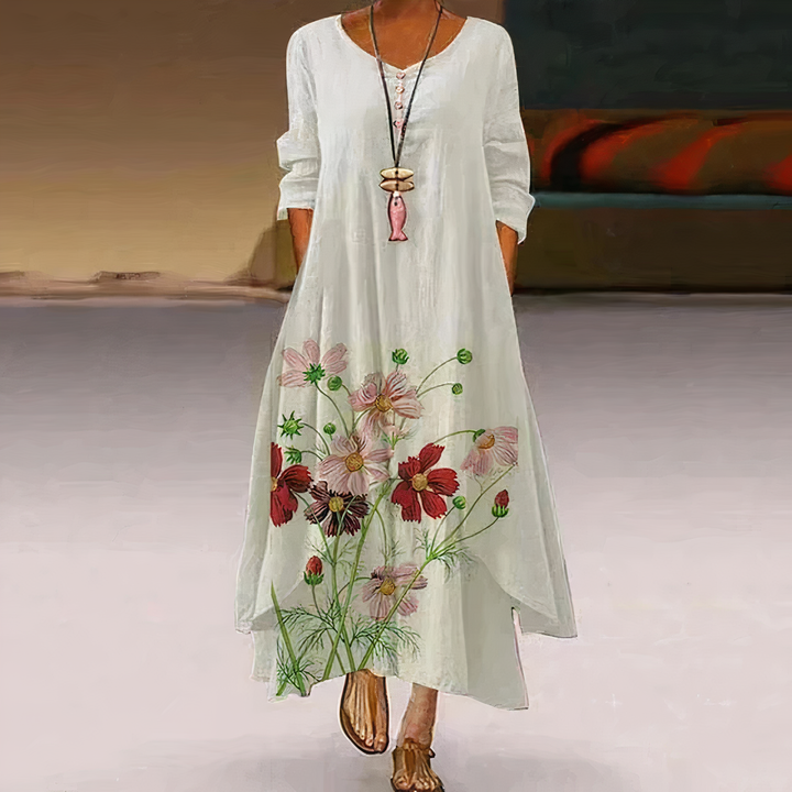 Celeste | Women's Floral Maxi Dress with Long Sleeves & Asymmetric Hem