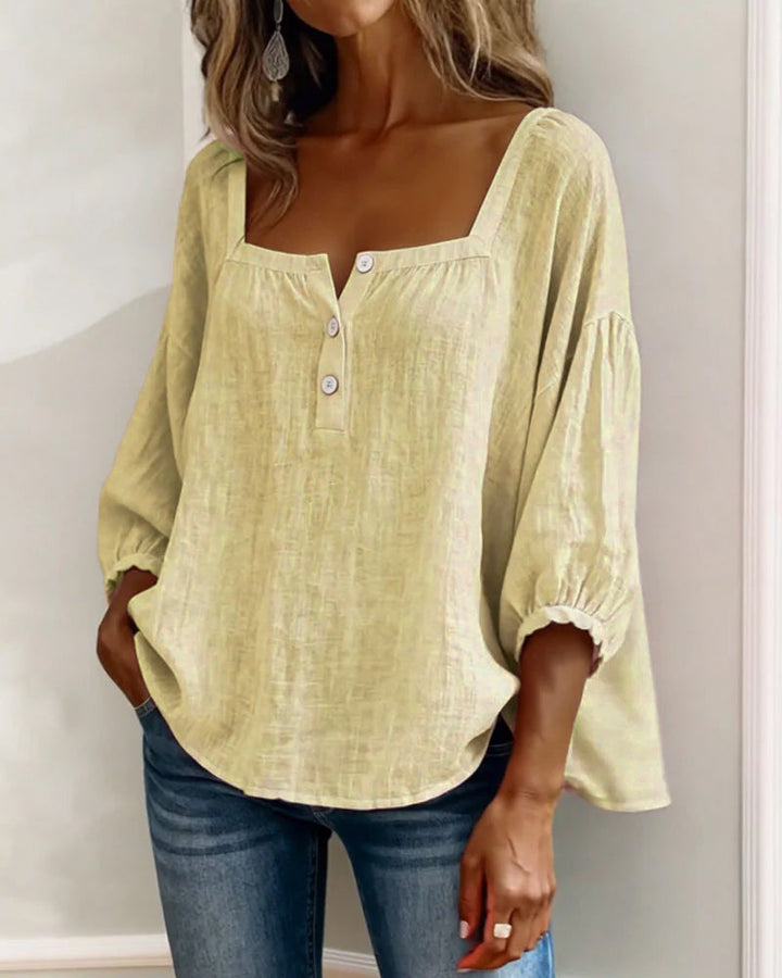 Daisy | Women's Square Neck Puff Sleeve Linen Blouse 3/4 Sleeve
