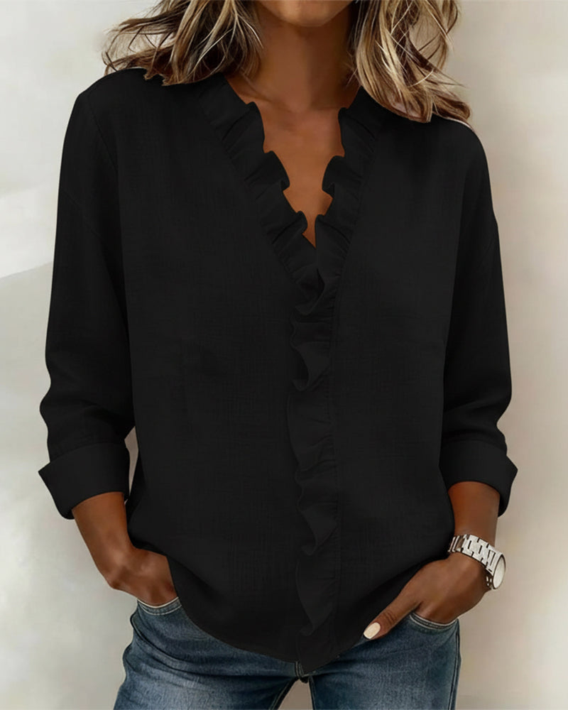 Elise | Women's Ruffle V-Neck Long Sleeve Button Up Blouse