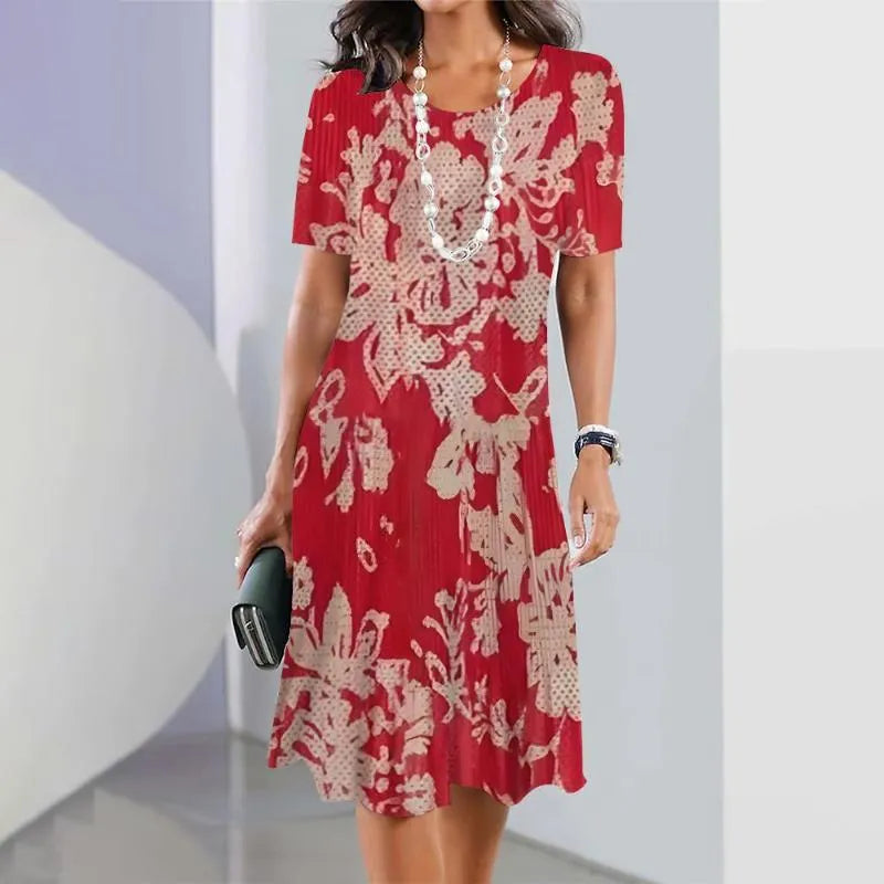 Dalia | Women's Colour Block Print Midi Dress Short Sleeve Round Neck Dress