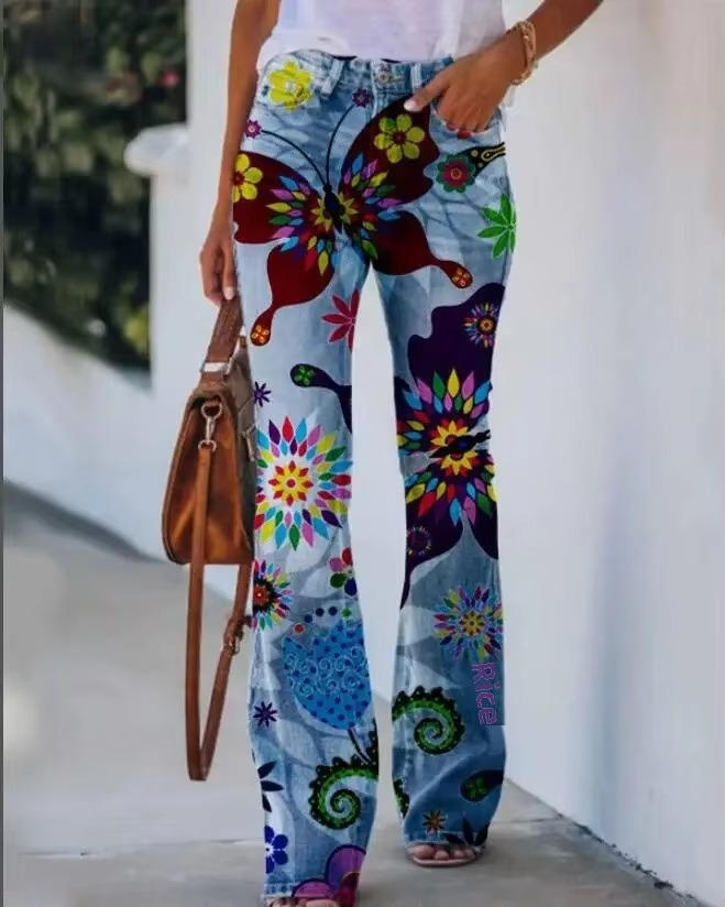 Dani | Women's Floral Print High Waist Straight Leg Jeans