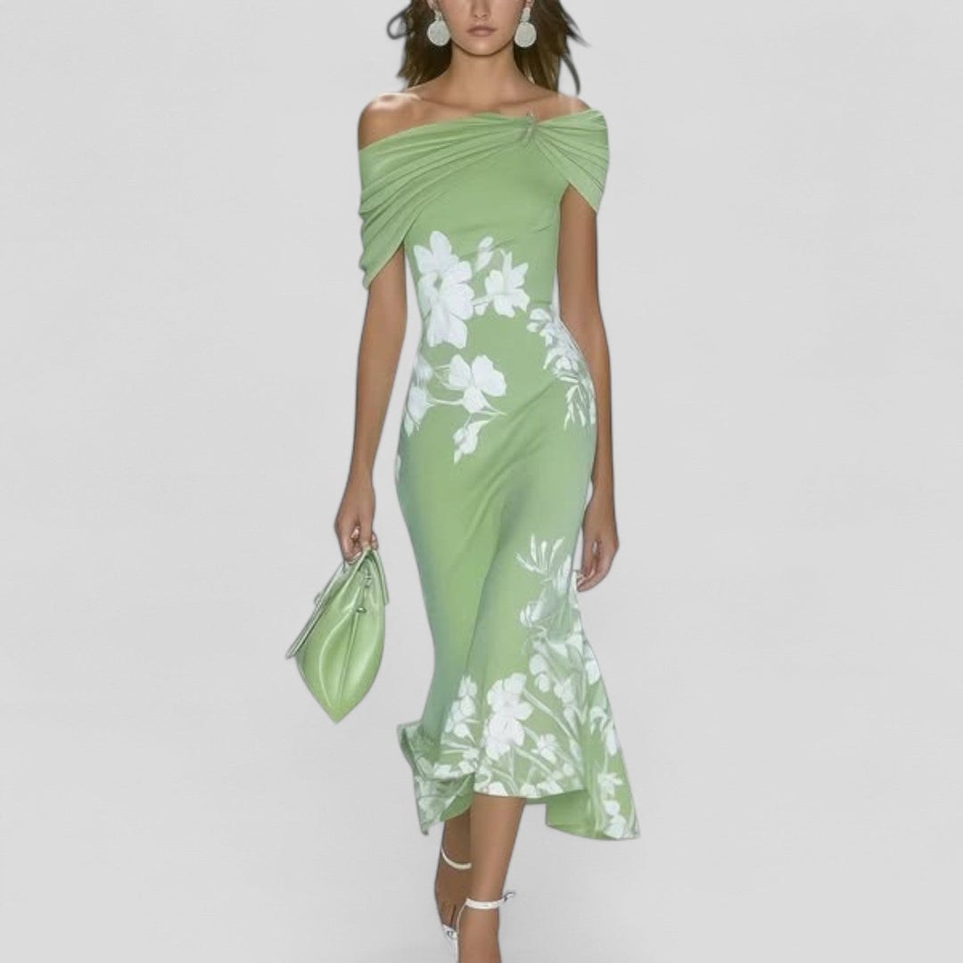 Nova | Women's Off-Shoulder Floral Midi Dress Ruffle Hem