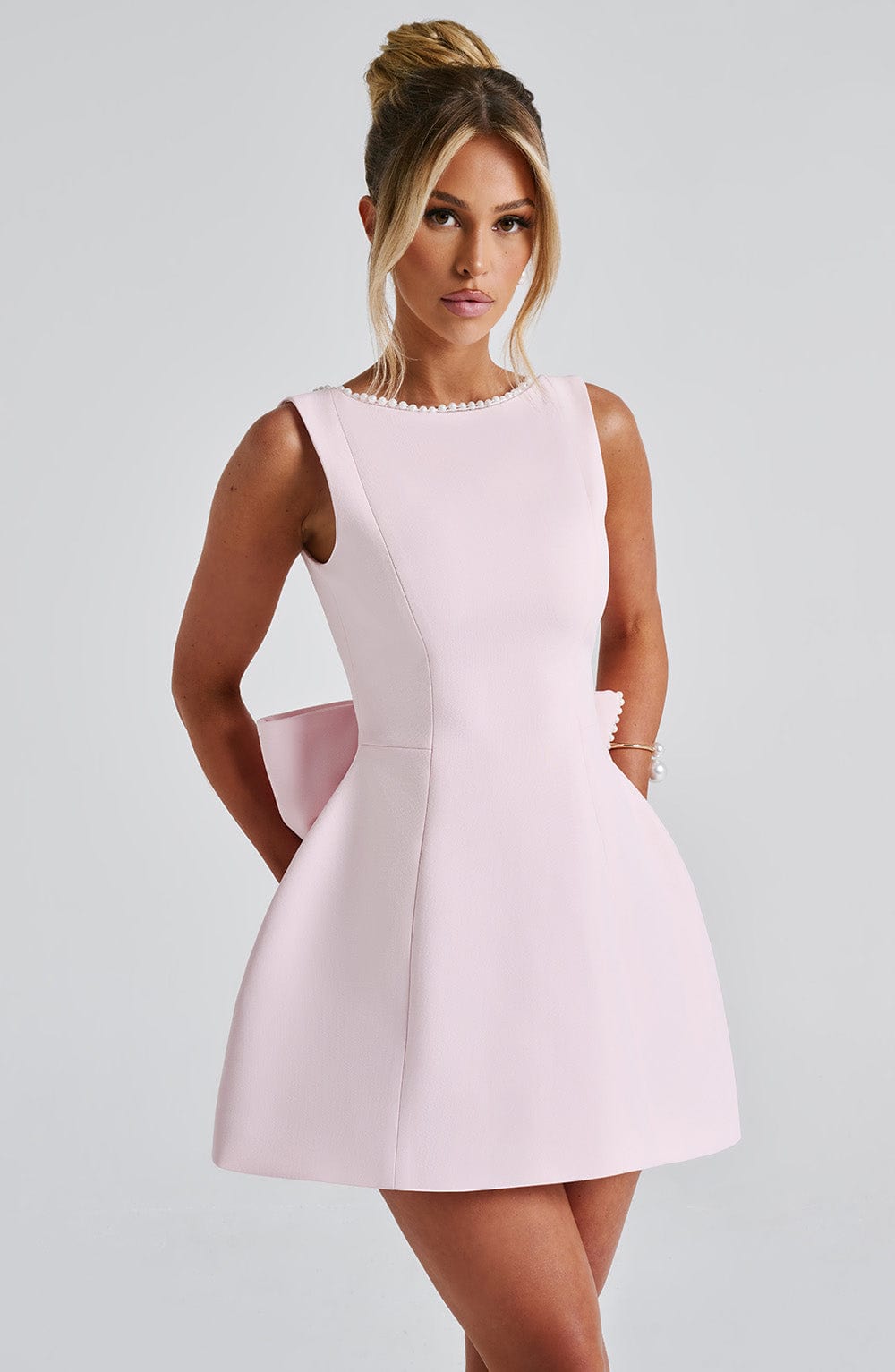 Alura | Women's Pearl Trim Bow Back A-Line Mini Dress