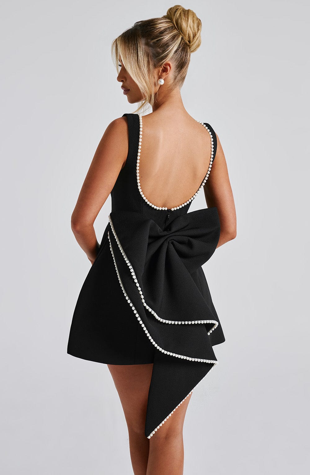 Alura | Women's Pearl Trim Bow Back A-Line Mini Dress
