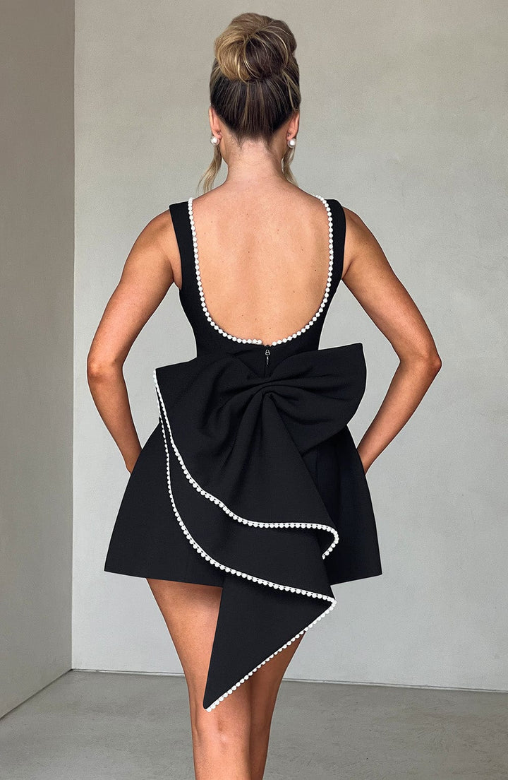 Alura | Women's Pearl Trim Bow Back A-Line Mini Dress