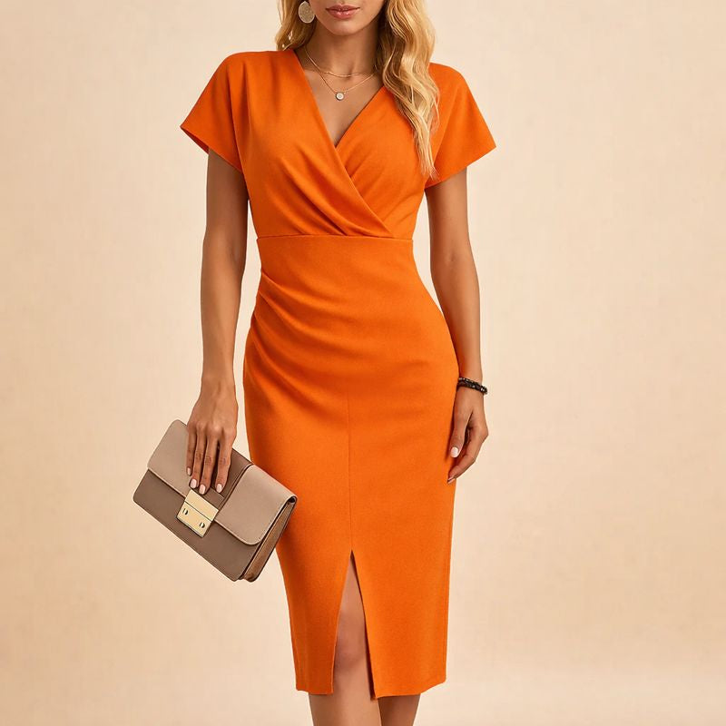 Celine™ | Women's V-Neck Midi Dress with Front Slit