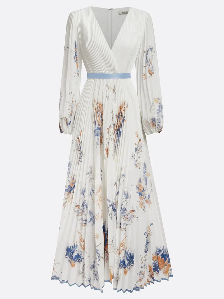 Halston | Elegant V-Neck Puff Sleeves Maxi Dress