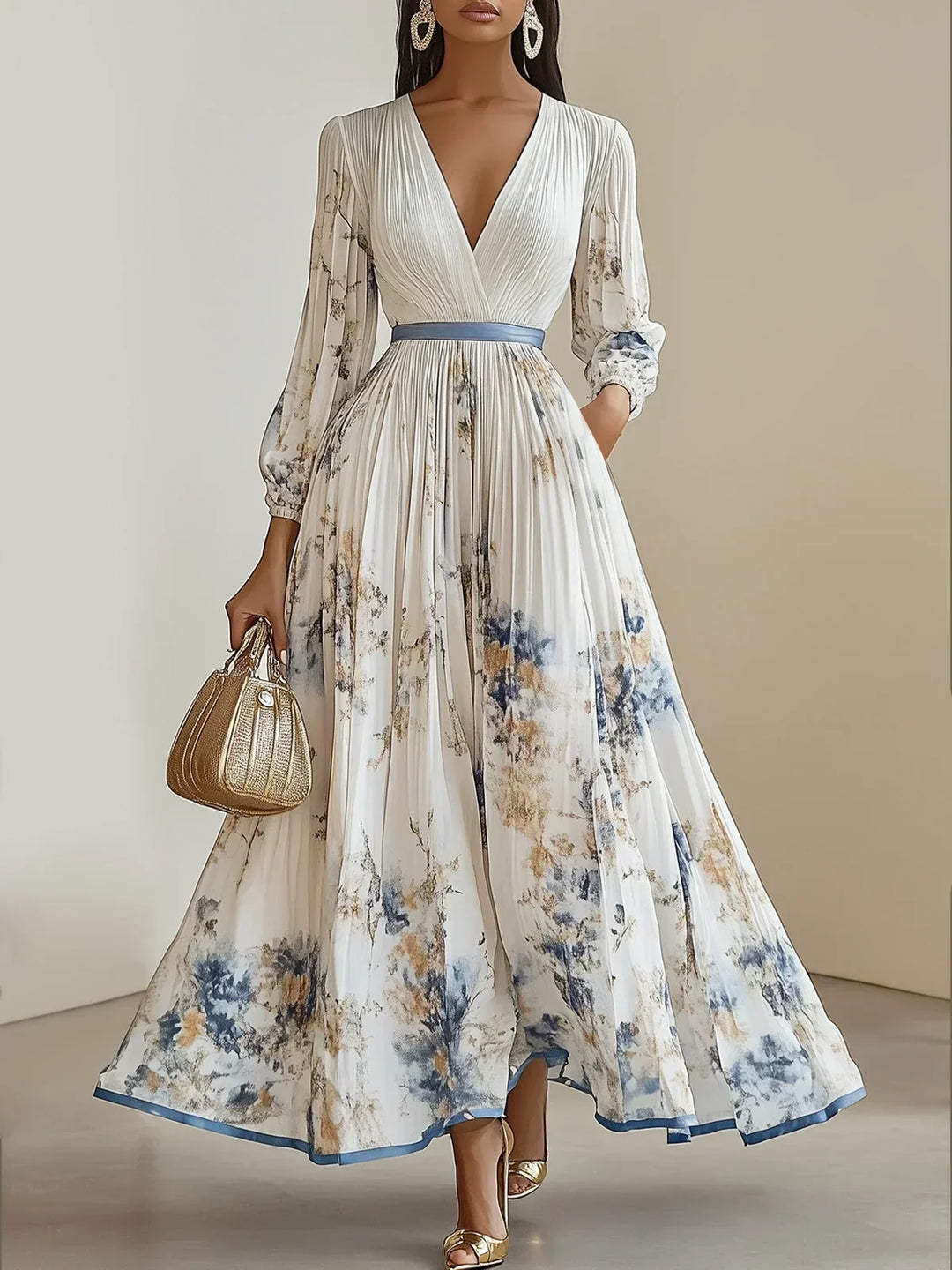 Halston | Elegant V-Neck Puff Sleeves Maxi Dress