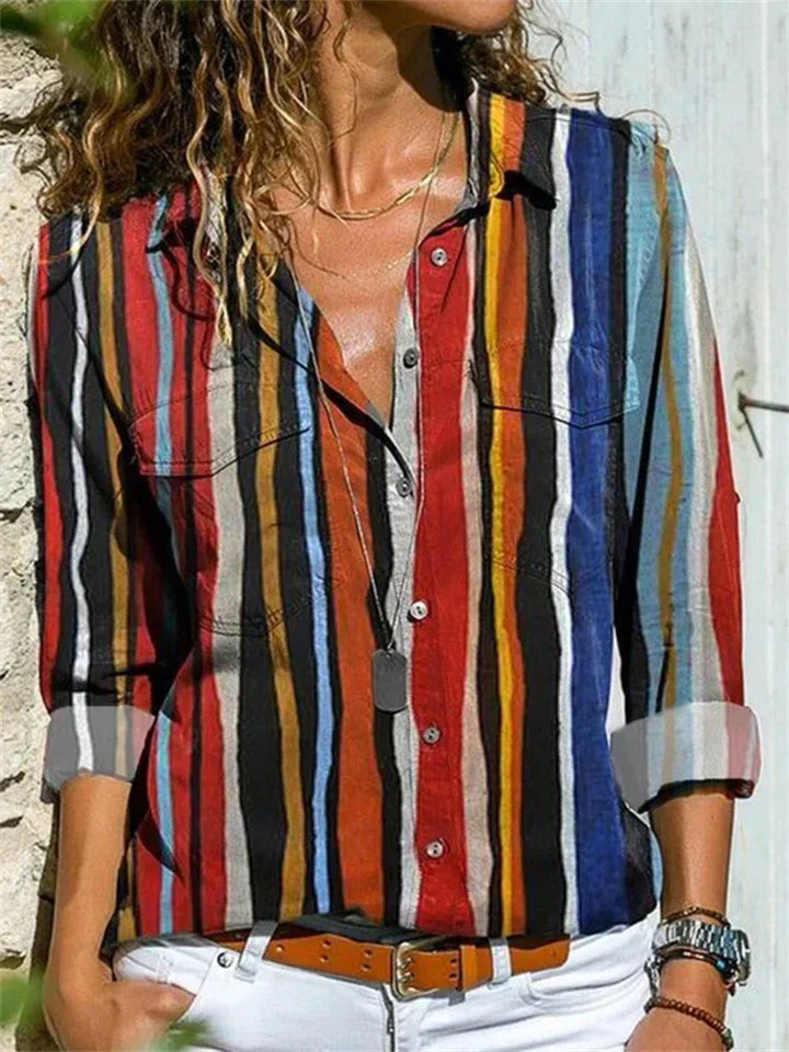 Petra | Women's Printed Long Sleeve Button Up Collared Shirt