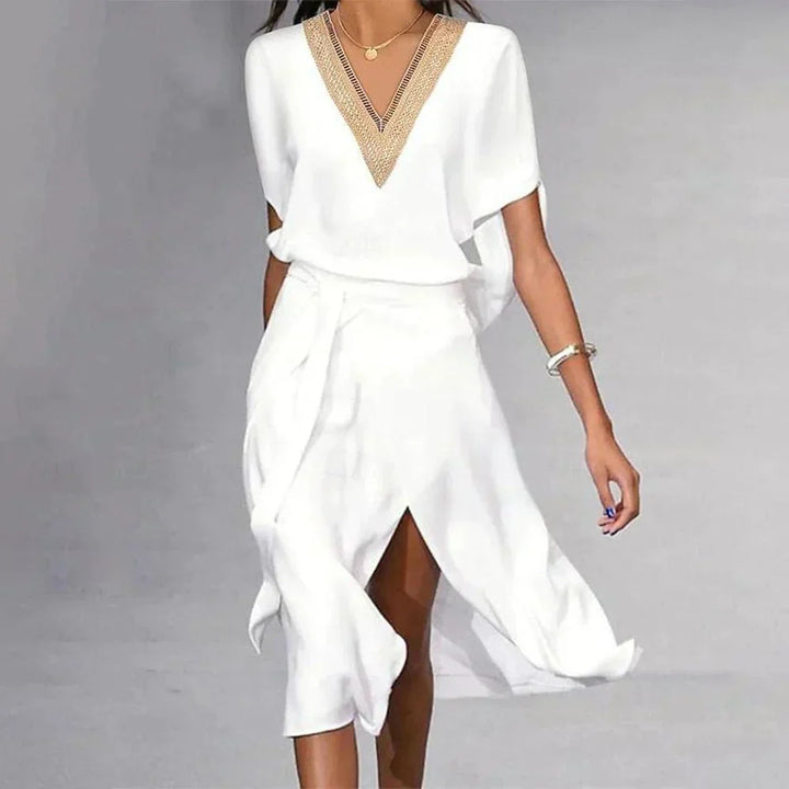Livia | Women's White Wrap Midi Dress V-Neck Short Sleeve Belted Dress