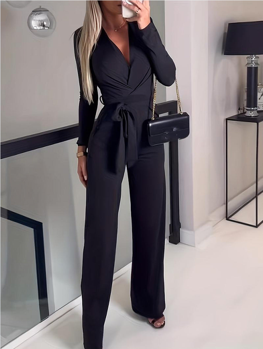 Jennive | Women's Wrap V-Neck Belted Wide Leg Jumpsuit