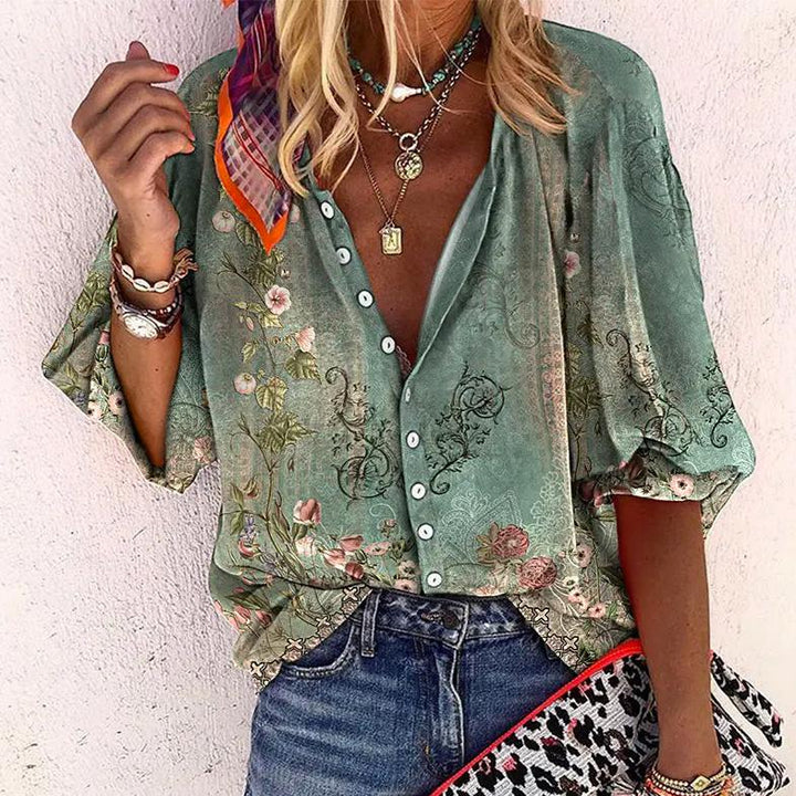 Isla | Women's Boho Print V-Neck Blouse with Bell Sleeves