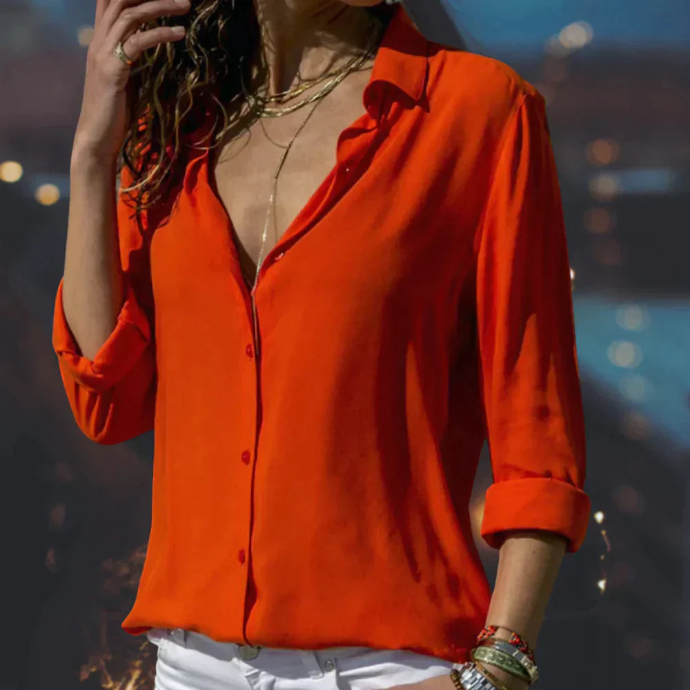 Kenna | Women's Satin Button-Up Blouse Long Sleeve V-Neck Shirt