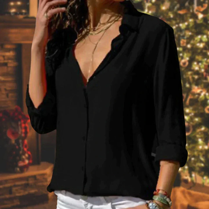 Kenna | Women's Satin Button-Up Blouse Long Sleeve V-Neck Shirt