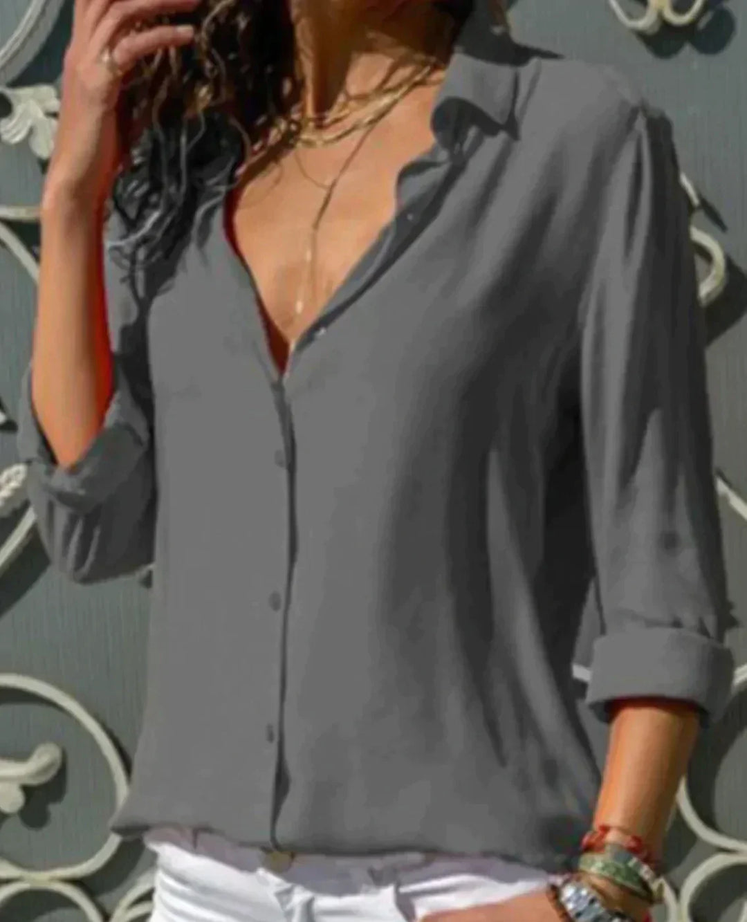 Kenna | Women's Satin Button-Up Blouse Long Sleeve V-Neck Shirt